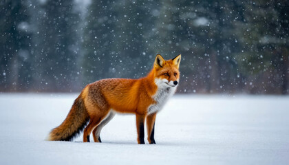 Fototapeta premium A red fox stands alone in a field of white snow against a forest backdrop, snowflakes falling around her.
