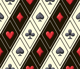 Seamless geometric pattern with card suits icons in rhombus grid. Diagonal arrangement of hearts, clubs, spades, diamonds symbols. Gambling, casino theme.