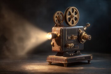 An ornate, aged film projector emits a bright beam of light. It's detailed with gears and sits on a textured, dark surface with a smoke-filled background