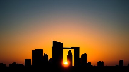 Silhouette of modern architecture against a vibrant sunset sky.