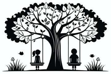Silhouette Serenity Captivating Tree with Swings and Figures Creating a Peaceful Scene A Timeless Image Evoking Simplicity and Tranquility