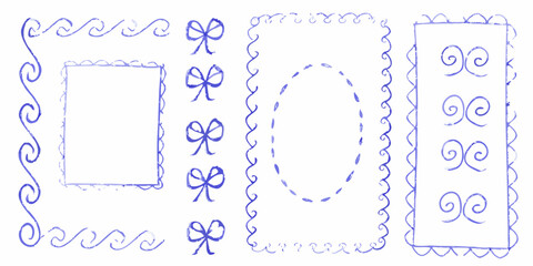 Collection of hand drawn purple watercolor decorative borders and embellishments including bows and wavy lines