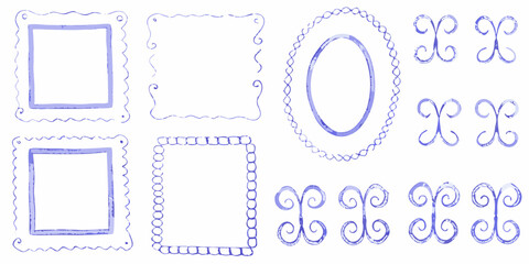 Collection of hand drawn watercolor frames and decorative elements in various shapes and styles