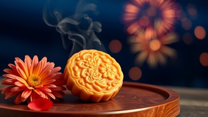 Delicate mooncake with floral imprint on lacquered tray, steam rising beside chrysanthemum petals in twilight.