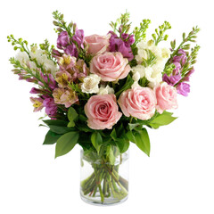 High quality photo of a beautiful pink rose and snapdragon flower arrangement in a clear glass vase isolated on transparent background