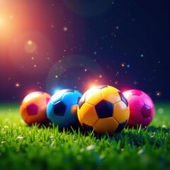 Naklejka premium Four vibrant soccer balls gleam on lush green grass, sparkling dust motes dancing around them , element, stock, wallpaper