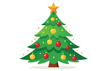 Festive Christmas Tree Illustration with Golden Star Topper and Colorful Baubles for Holiday Season Celebrations and Decoration