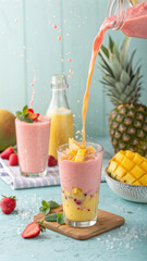 healthy breakfast with fruit juice and fruits
