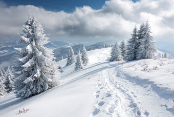 Snowy mountain trail with fir trees dusted in frost, under a cloudy blue sky, showing footprints. A winter landscape view