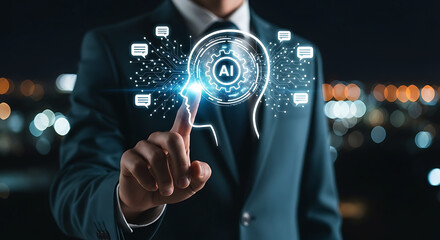 Fototapeta premium Businessman touching AI interface with digital brain hologram and communication icons for innovative technology concept