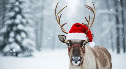 Festive Christmas reindeer wearing a Santa hat, isolated on a transparent background with a bokeh effect and snowfall