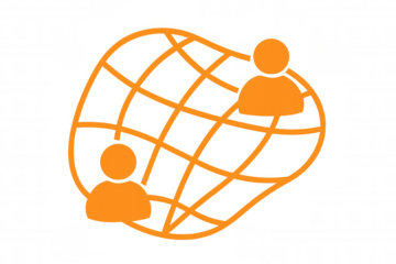 Digital globe displaying interconnected orange user profiles, symbolizing worldwide communication network against transparent backdrop