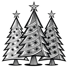 Monochromatic Trio of Festive Christmas Trees with Star Toppers and Ornate Decorations Celebrating the Joyous Holiday Season