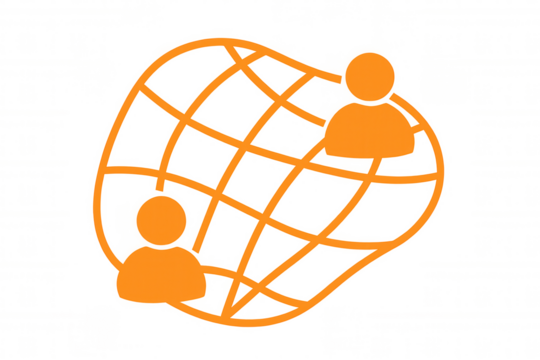 Digital globe displaying interconnected orange user profiles, symbolizing worldwide communication network against transparent backdrop