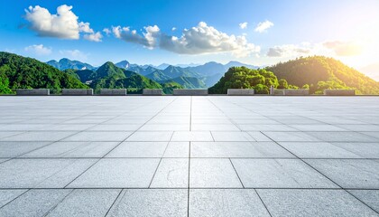 Empty modern tile platform extending towards a serene panorama of lush green mountains bathed in golden sunlight under a clear blue sky, ideal for versatile design