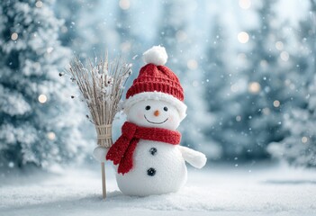 Obraz premium Festive snowman with red knit hat and scarf stands joyfully in a snowy winter scene, soft bokeh lights flicker, evoking warmth and holiday spirit