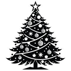 Festive Christmas Tree Silhouette with Ornaments Stars and Garland Holiday Season Celebration Vector Illustration Design