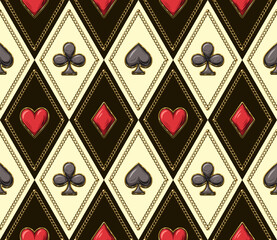 Seamless geometric pattern with red, black card suits icons on checkered ornament in rhombus grid. Hearts, clubs, spades, diamonds symbols. Gambling, casino theme