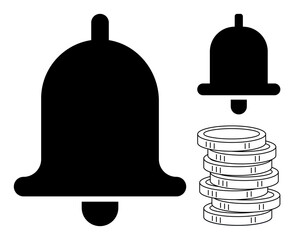 Black bell icons of two sizes alongside a stack of coins. Ideal for alerts, finance, motivation, savings, attention, online notifications, productivity. Simple flat metaphor