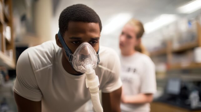 Athlete wearing VO mask, focused and breathing heavily during performance test in lab setting, showcasing determination and effort. environment is equipped for athletic testing