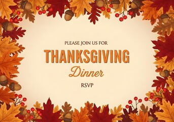 Thanksgiving dinner invitation with autumn leaves and acorns