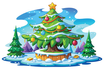 Festive Christmas Scene with Decorated Tree and Snowy Landscape in a Whimsical Cartoon Style for Holiday Cheer