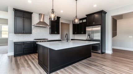 Minimalist modern kitchen with white subway tiles and black cabinetry
