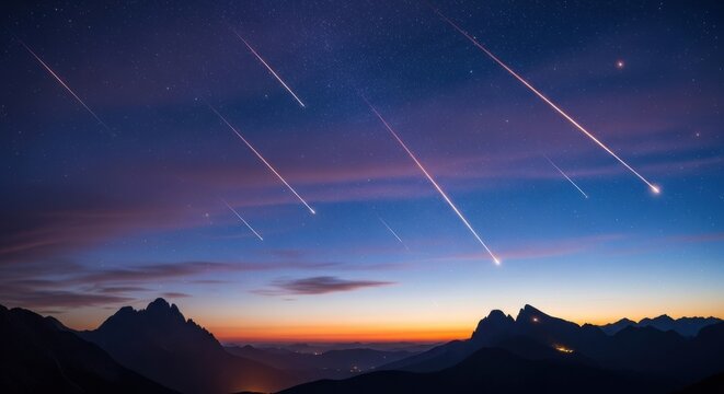 A beautiful meteor shower illuminates the twilight sky above a mountain silhouette. A stunning landscape view of the Perseids or Geminids with a golden horizon glow.