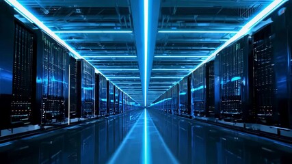 Futuristic Data Server Room with Neon Lights. This seamless loop is an excellent choice for a background, overlay, or design element in corporate, cinematic, or sci-fi projects - Powered by Adobe