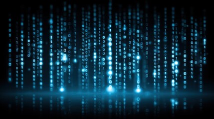 Abstract Glowing blue binary code rain descending over a reflective surface against a dark backdrop creating digital atmosphere