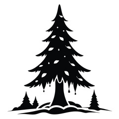 Obraz premium Black Silhouette of a Majestic Evergreen Tree Amidst a Forest of Smaller Trees and a Rugged Forest Floor