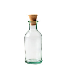 Clear Glass Bottle with Cork Stopper Standing on a White Background