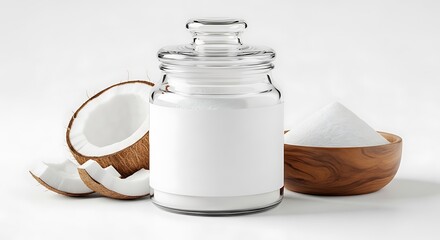 Coconut flakes in jar with blank label and coconut halves