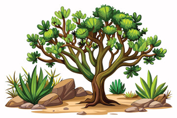 Lush Green Tree Amidst Desert Flora Cartoon Style Illustration for Childrens Storybooks and Educational Materials Depicting Nature