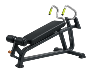 Decline press machine with decline bench and rotating handles for lower chest targeting