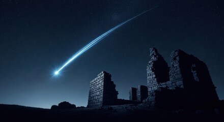 A brilliant shooting star with a bright, starburst head streaks over the silhouette of ancient castle ruins at night. A dramatic and powerful celestial event.