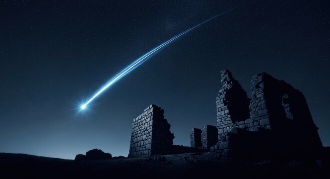A brilliant shooting star with a bright, starburst head streaks over the silhouette of ancient castle ruins at night. A dramatic and powerful celestial event.