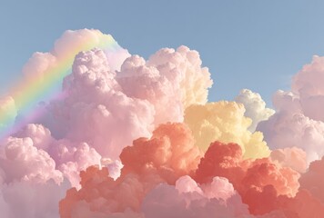 Colorful pastel clouds arranged in layers against a bright blue sky, highlighted by a gentle rainbow