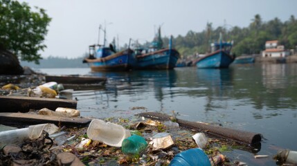 Naklejka premium Plastic waste accumulates in river estuary, highlighting environmental concerns. Fishing boats are visible in background, surrounded by pollution, evoking sense of urgency for conservation efforts