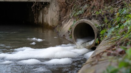 Dirty water flows from concrete pipe into river, creating foam on surface. scene highlights environmental pollution and impact of sewage discharge on natural water bodies