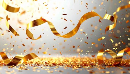 Shimmering gold confetti and curling serpentine streamers falling against a festive, brightly lit background for a celebration