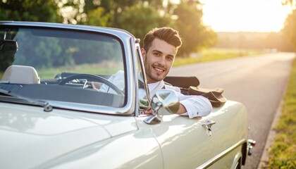 Cheerful young man driving a classic convertible car on a sunny road, embracing the freedom and joy of the open highway during a beautiful sunset