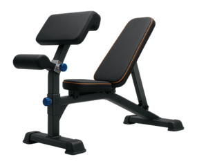 Full-body workout bench with adjustable preacher pad for arm curls