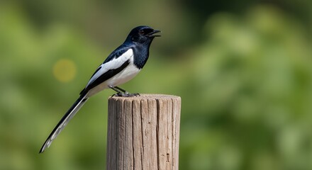 Obraz premium Oriental Magpie Robin perched on a wooden post in soft focus background 