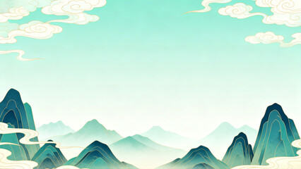 Natural Painting Scroll of Misty Green Mountains and Water