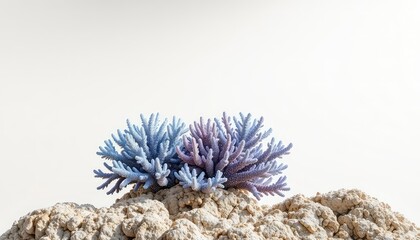 Beautiful blue and purple coral cluster gracefully perched upon a unique textured rock formation against a bright and inviting off-white background