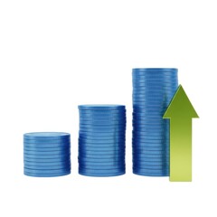 Three stacks of blue coins with a green upward arrow isolated on white background