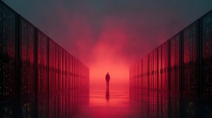 Silhouette of a person walking through a server room