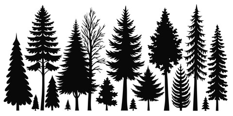 Fototapeta premium Monochromatic Forest Silhouette A Diverse Collection of Evergreen Trees and Bare Branches Evoking a Sense of Wilderness