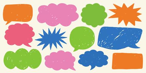 Collection of colorful hand drawn speech bubbles and thought clouds in various shapes and sizes